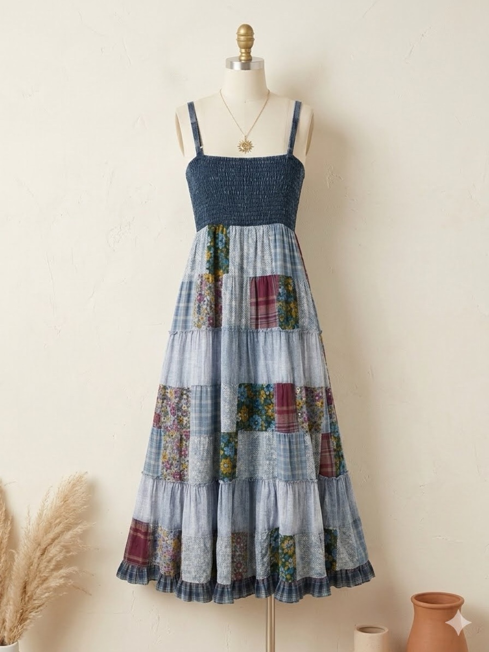 NWT Young Threads Patchwork Boho Smocked Midi Dress Blue Floral Cottagecore Fes